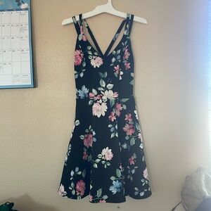 Black dress with pink and blue florals
